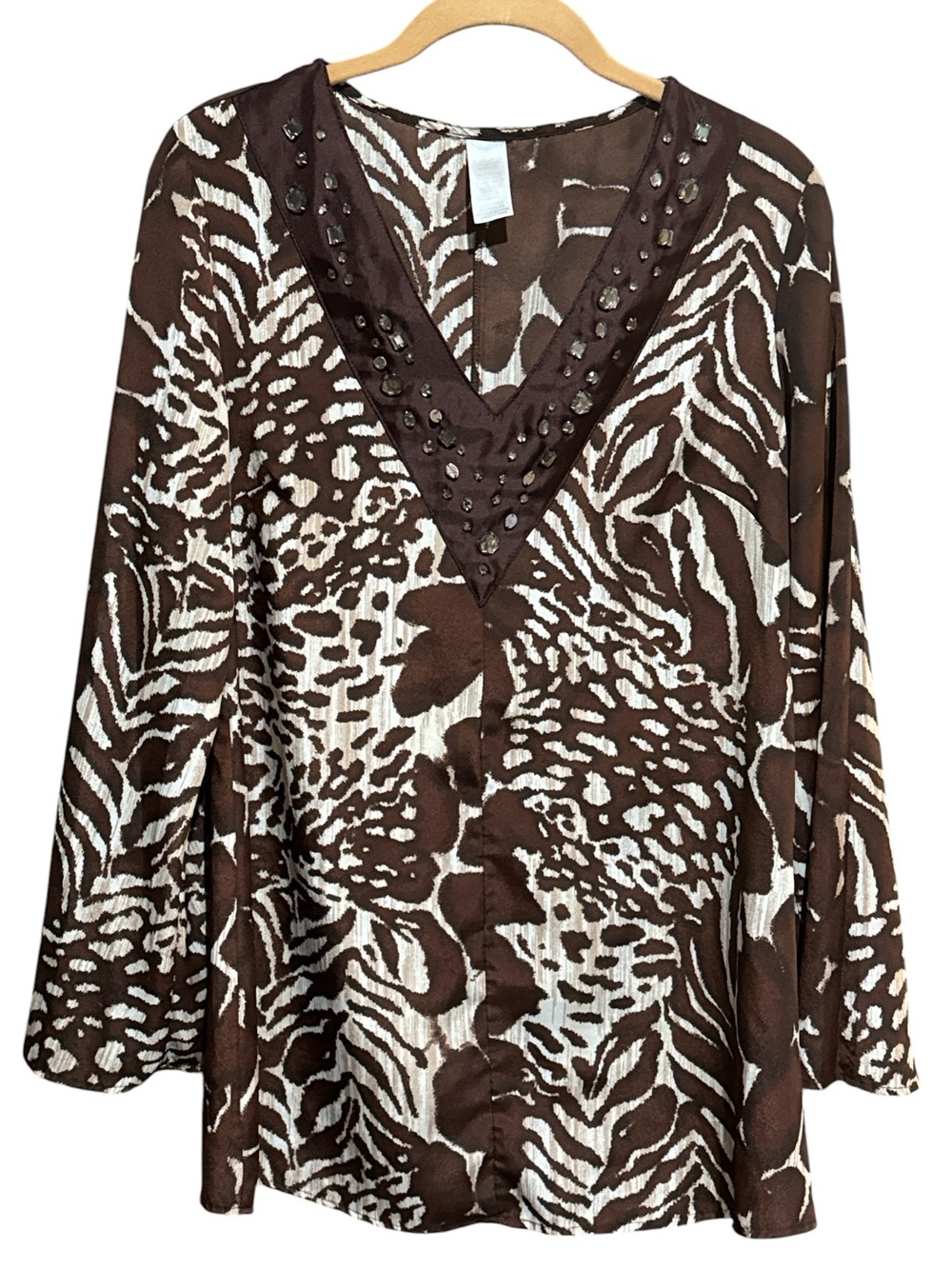 Vintage AVON Animal Print V-Neck Tunic M 20” p2p Brown/White EUC - Picture 2 of 11